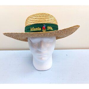 Vintage 1996 Atlanta Olympic Games Straw Sun Hat Green Hatband Wide Brim  Ladies